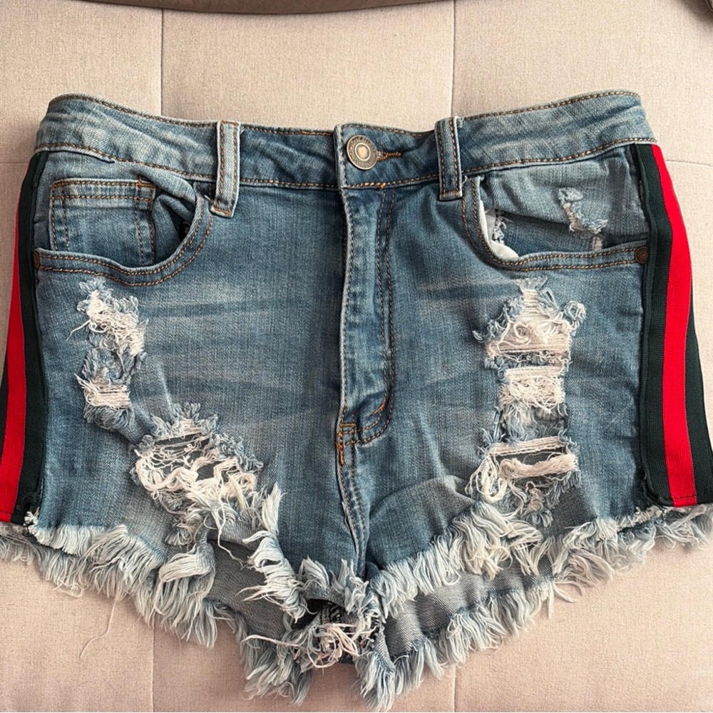 Distressed Denim Shorts with Red and Green Stripes